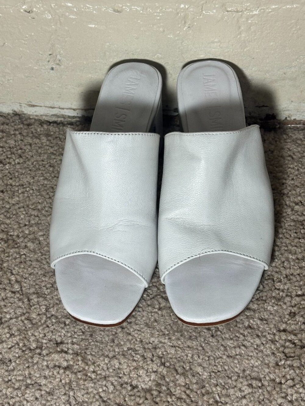 James Smith Leather Mule Heels White Minimal Slide Sandals Size 37